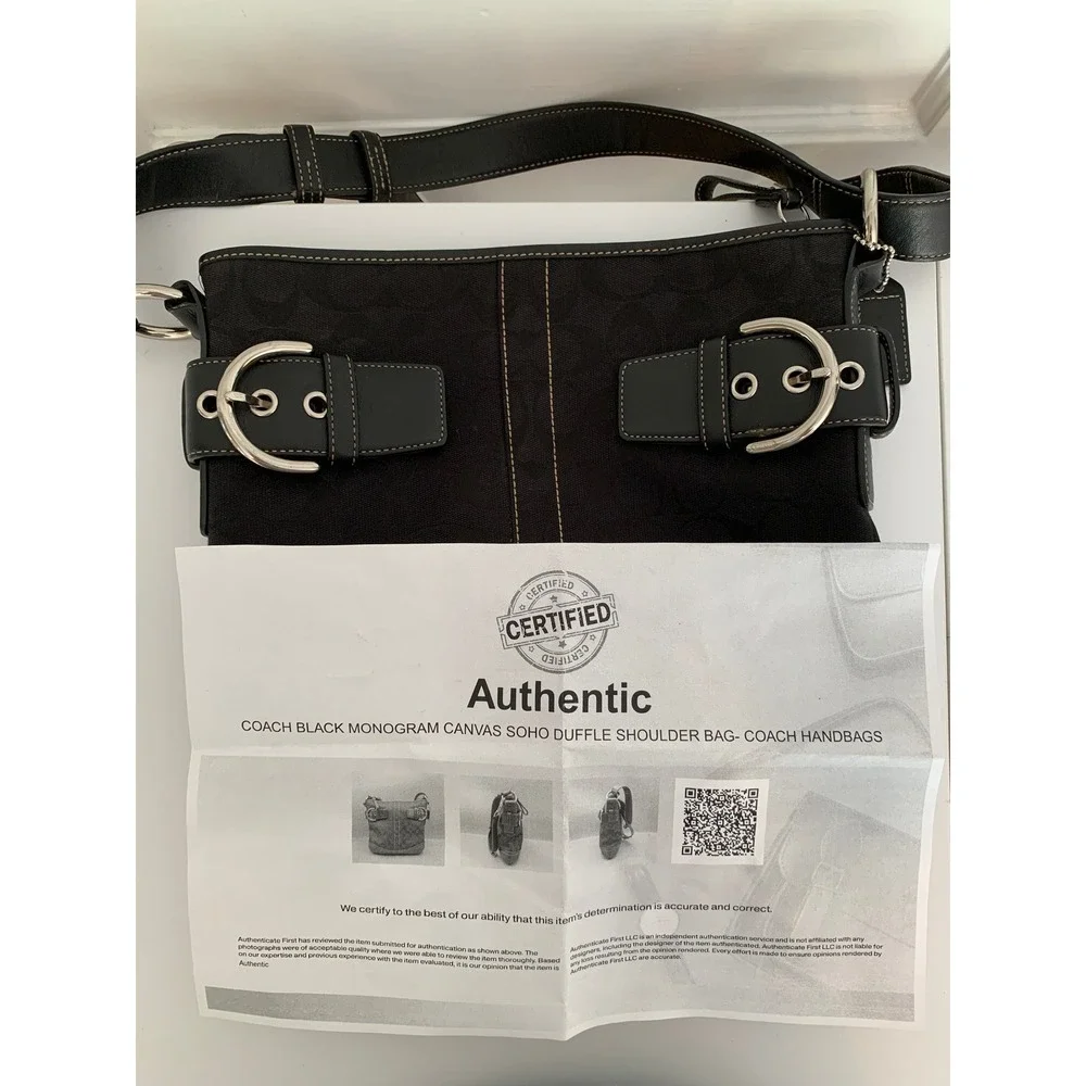 Vintage Coach Black Monogram Canvas Soho Duffle Shoulder Bag Silver Buckles - Picture 8 of 16